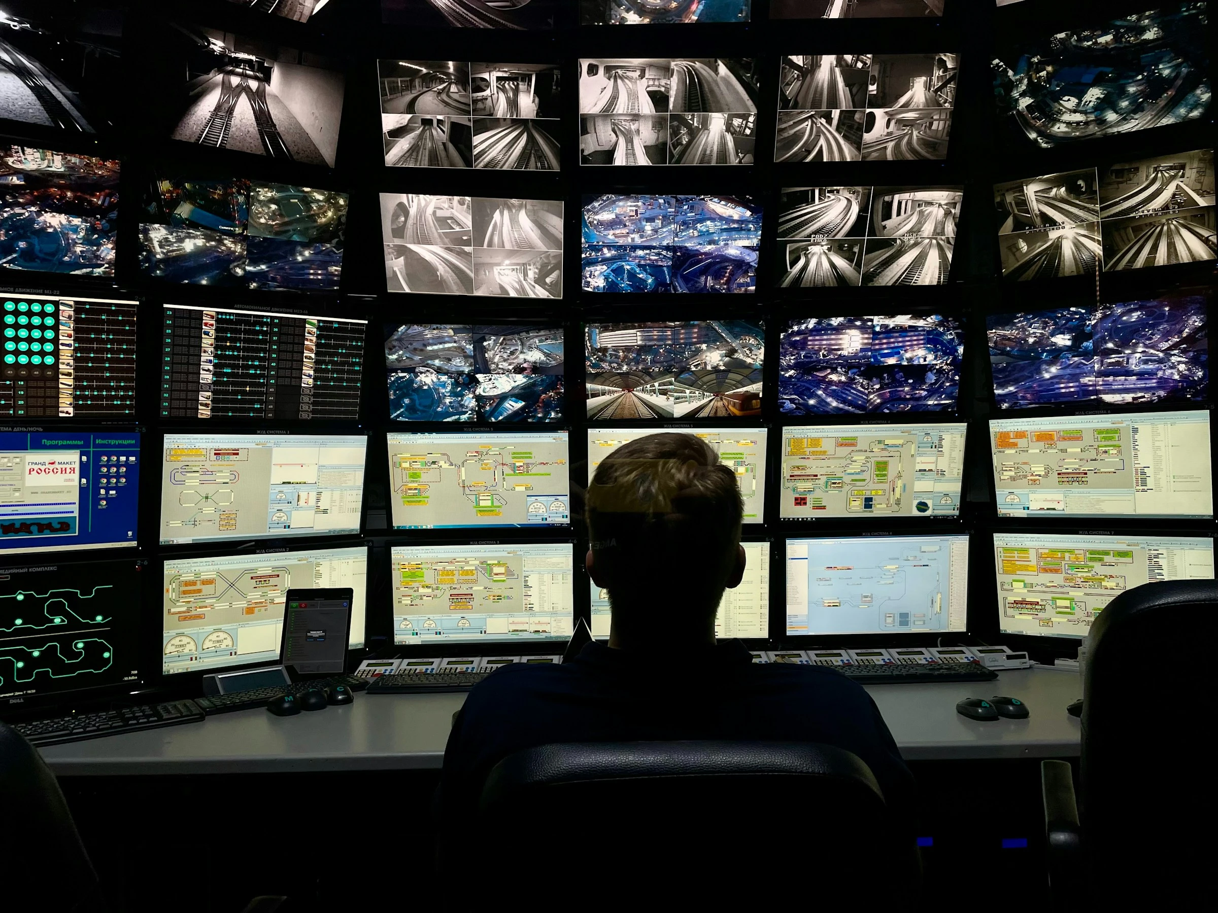 An operator in front of a wall of camera screens in a control room