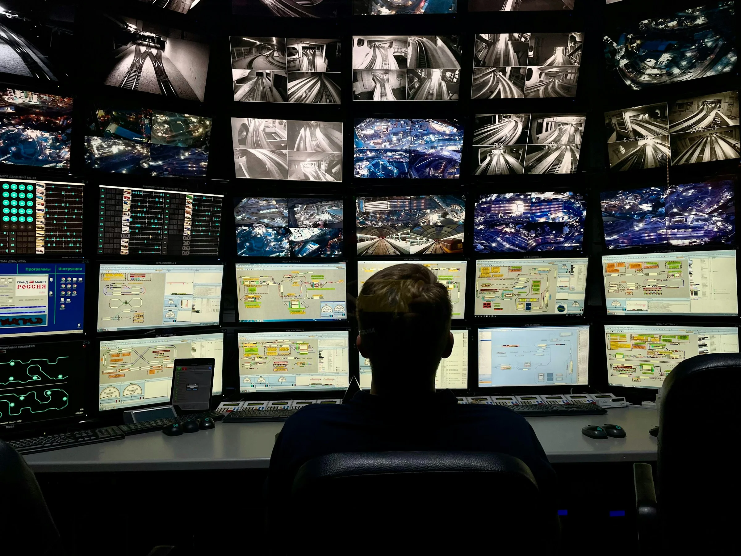 An operator in front of a wall of camera screens in a control room